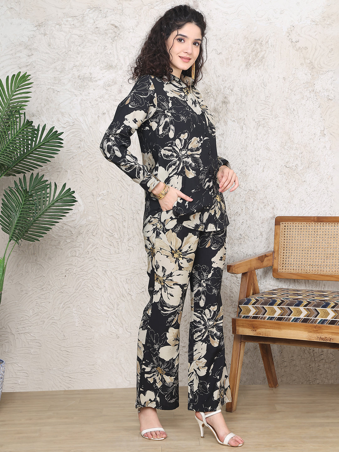Black Colour Floral Printed Premium Chanderi Co-ord Set For Women
