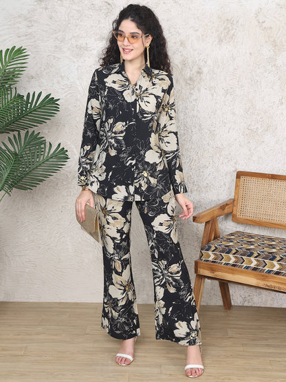 Black Colour Floral Printed Premium Chanderi Co-ord Set For Women
