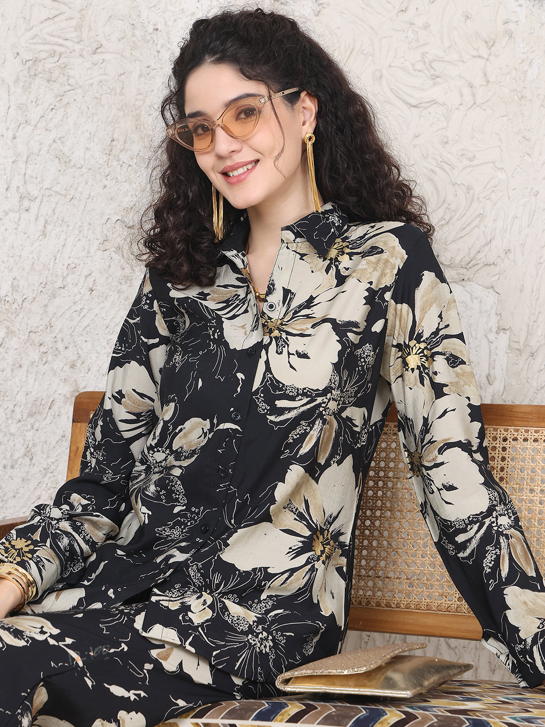 Black Colour Floral Printed Premium Chanderi Co-ord Set For Women