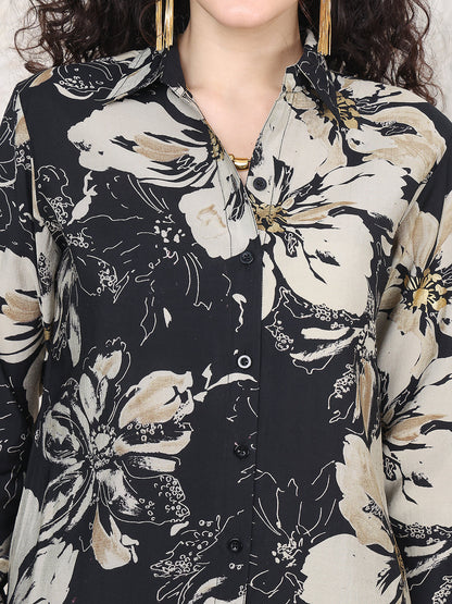 Black Colour Floral Printed Premium Chanderi Co-ord Set For Women