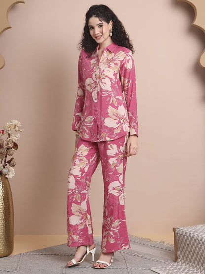 Pink Colour Floral Printed Premium Chanderi Co-ord Set For Women