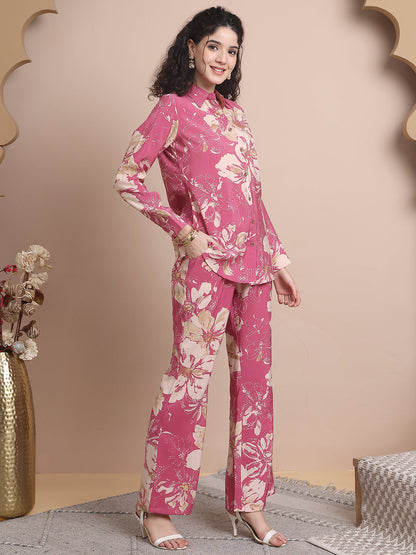 Pink Colour Floral Printed Premium Chanderi Co-ord Set For Women