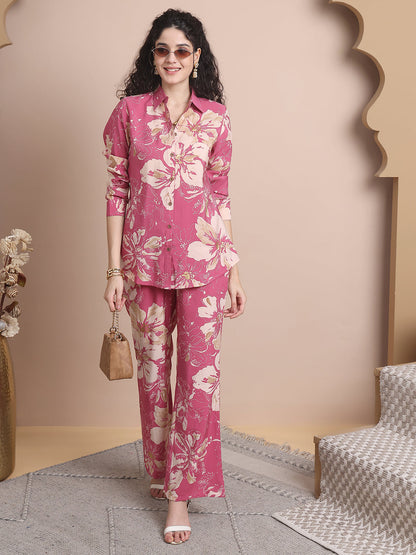 Pink Colour Floral Printed Premium Chanderi Co-ord Set For Women