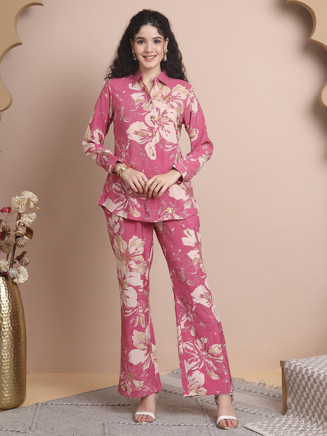 Pink Colour Floral Printed Premium Chanderi Co-ord Set For Women