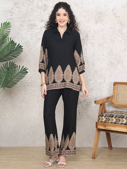 Black Colour Abstract Printed Viscose Rayon Co-ord Set