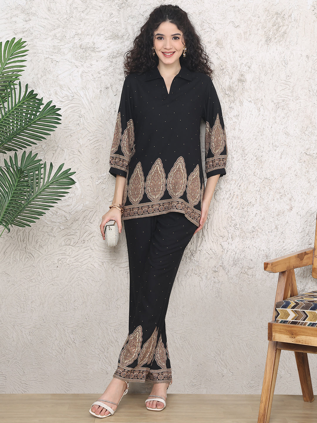 Black Colour Abstract Printed Viscose Rayon Co-ord Set