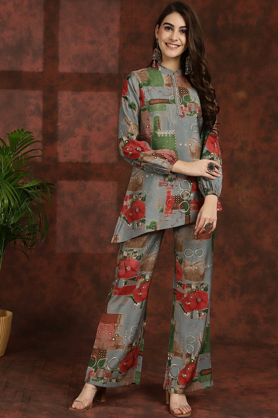 Grey Floral Printed Chanderi Silk Tunic & Palazzo Ethnic Co-Ord Set for Women