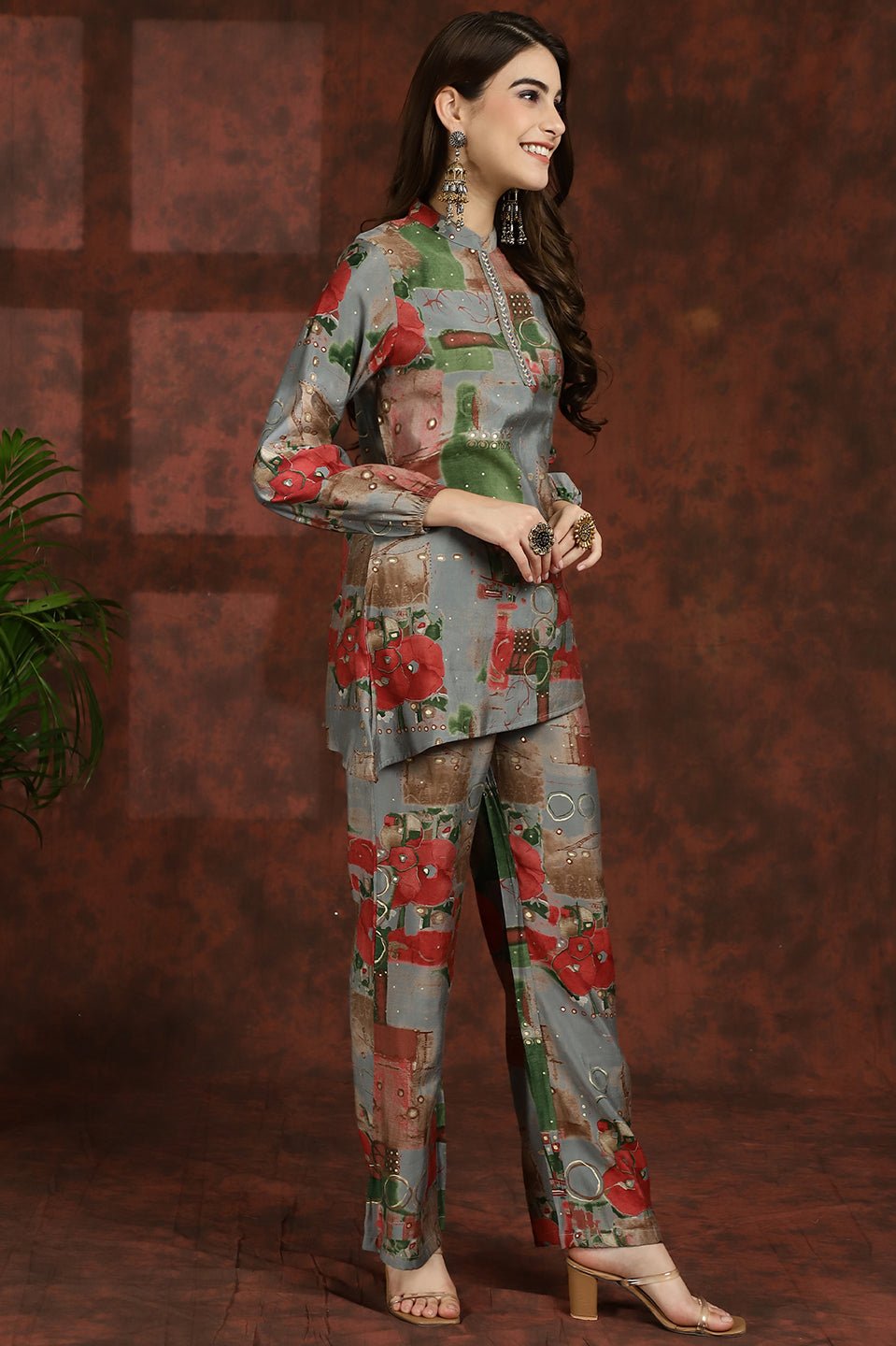 Grey Floral Printed Chanderi Silk Tunic & Palazzo Ethnic Co-Ord Set for Women