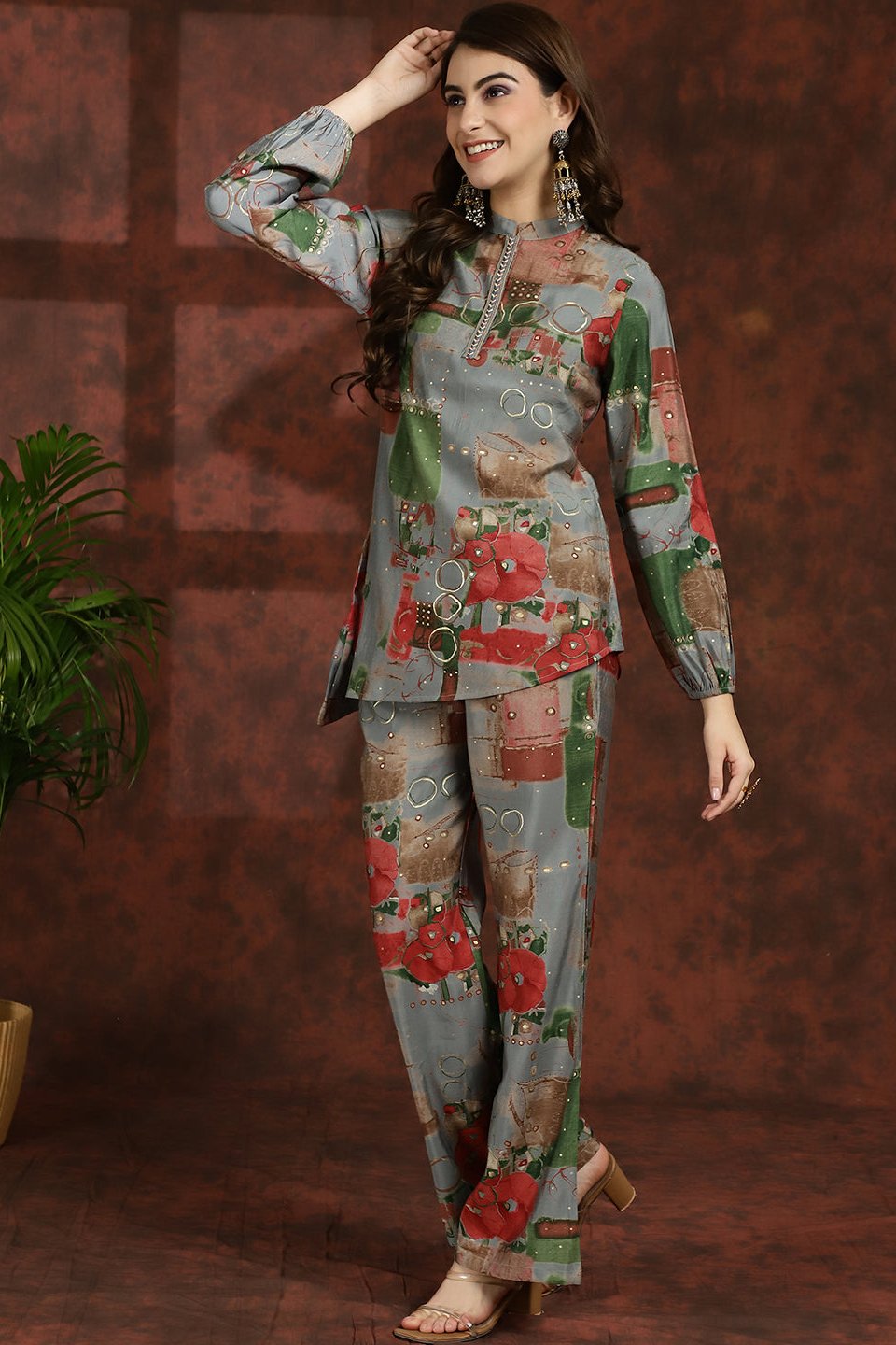 Grey Floral Printed Chanderi Silk Tunic & Palazzo Ethnic Co-Ord Set for Women