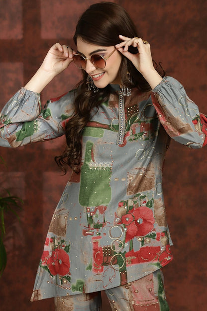 Grey Floral Printed Chanderi Silk Tunic & Palazzo Ethnic Co-Ord Set for Women