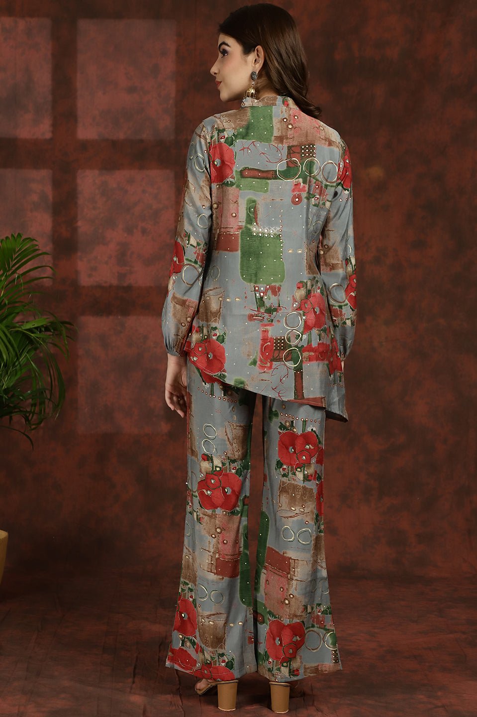 Grey Floral Printed Chanderi Silk Tunic & Palazzo Ethnic Co-Ord Set for Women