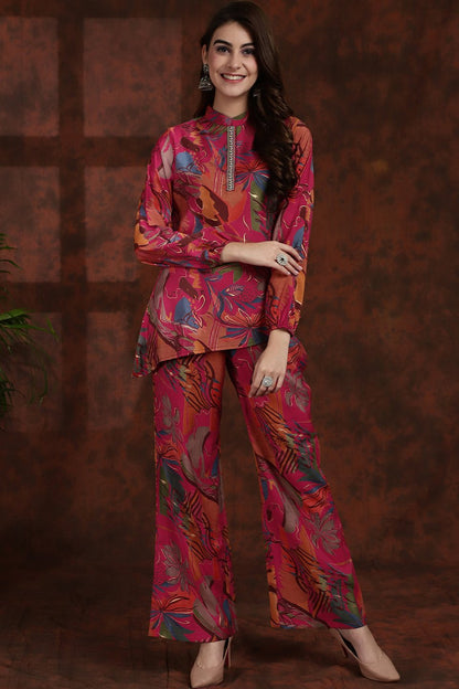 Pink Floral Printed Tunic Palazzo Ethnic Co-Ord Set for Women