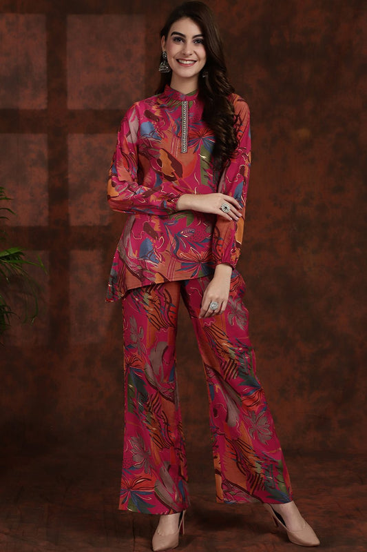 Pink Floral Printed Tunic Palazzo Ethnic Co-Ord Set for Women