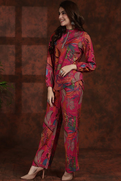Pink Floral Printed Tunic Palazzo Ethnic Co-Ord Set for Women