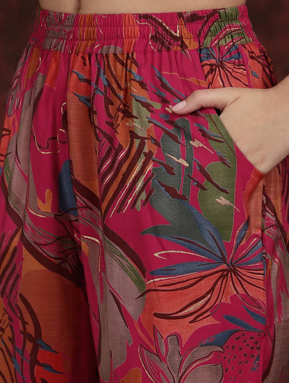 Pink Floral Printed Tunic Palazzo Ethnic Co-Ord Set for Women