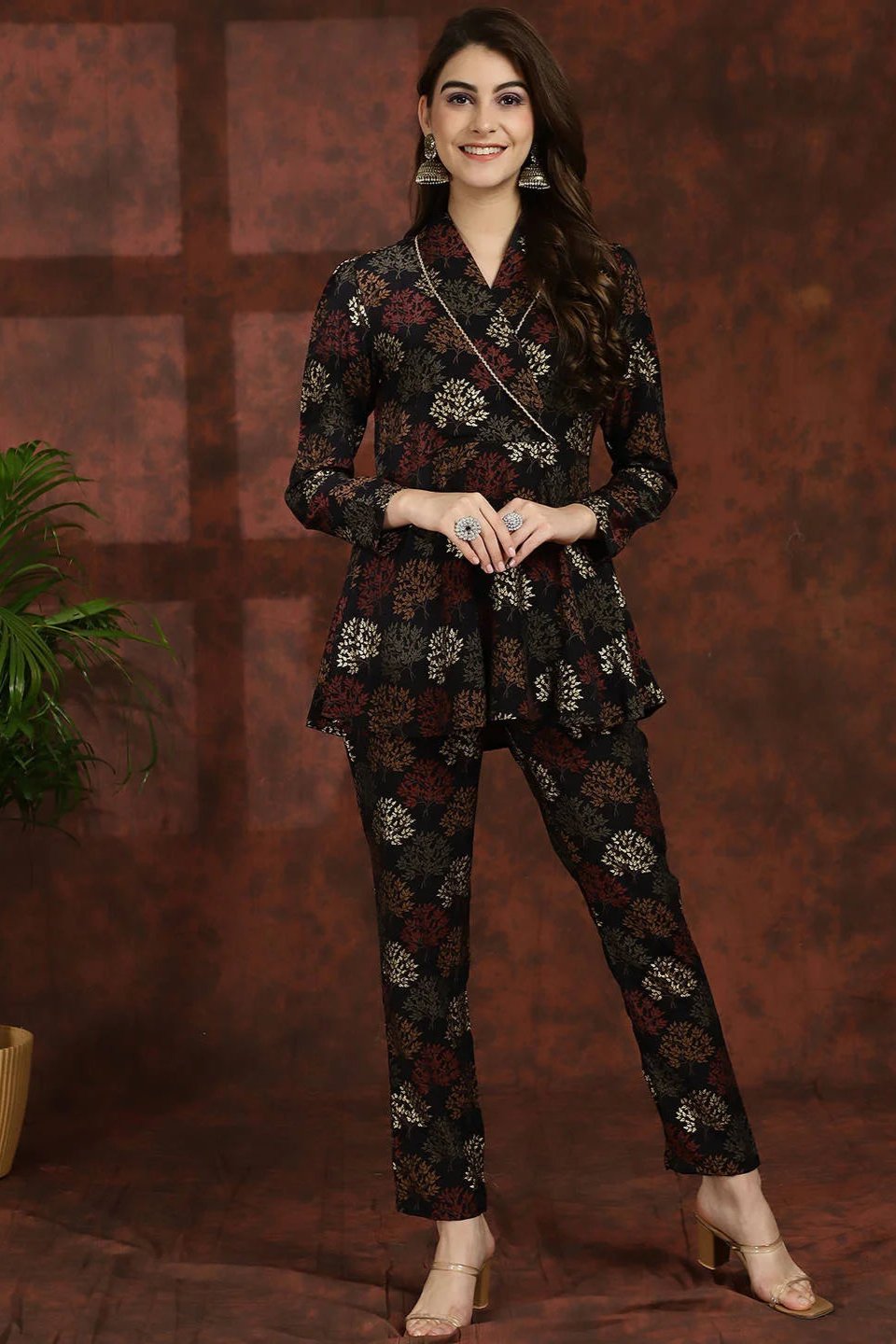 Black Ethnic Motifs Printed V-Neck Tunic with Flared Trouser Co-Ord Set for Women