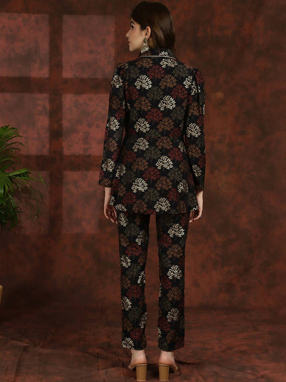 Black Ethnic Motifs Printed V-Neck Tunic with Flared Trouser Co-Ord Set for Women