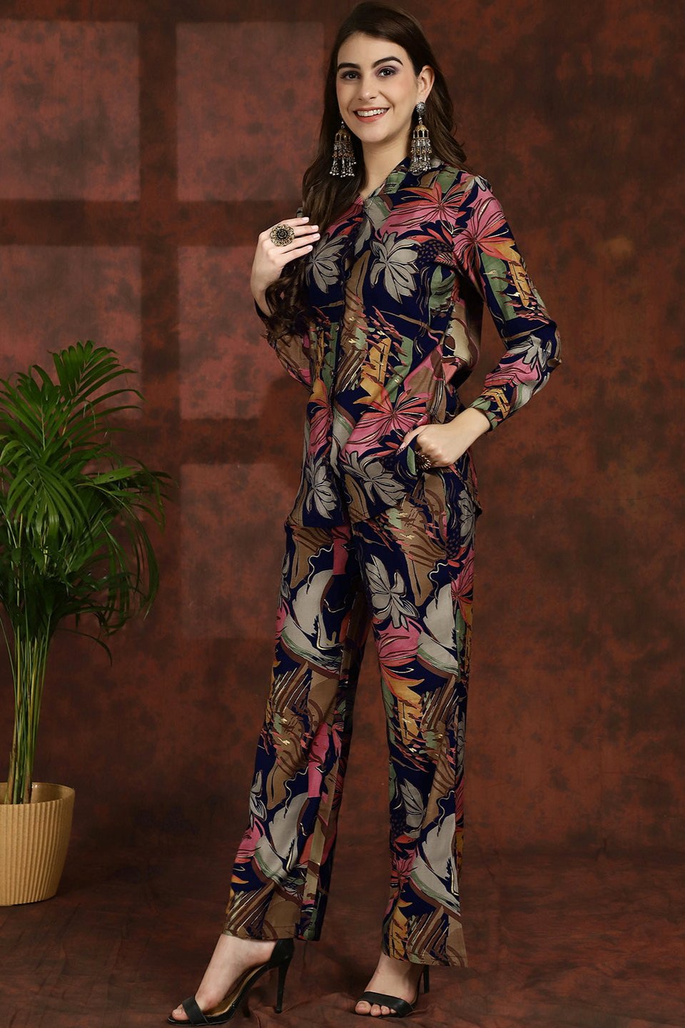 Navy Blue Floral Printed Shirt Collar Tunic with Trousers Co-Ord Set for Women