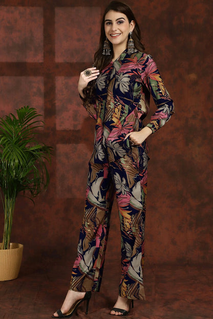 Navy Blue Floral Printed Shirt Collar Tunic with Trousers Co-Ord Set for Women