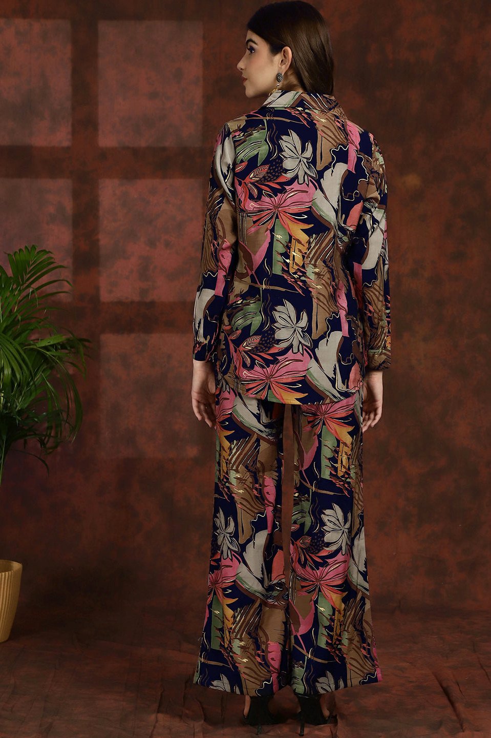 Navy Blue Floral Printed Shirt Collar Tunic with Trousers Co-Ord Set for Women
