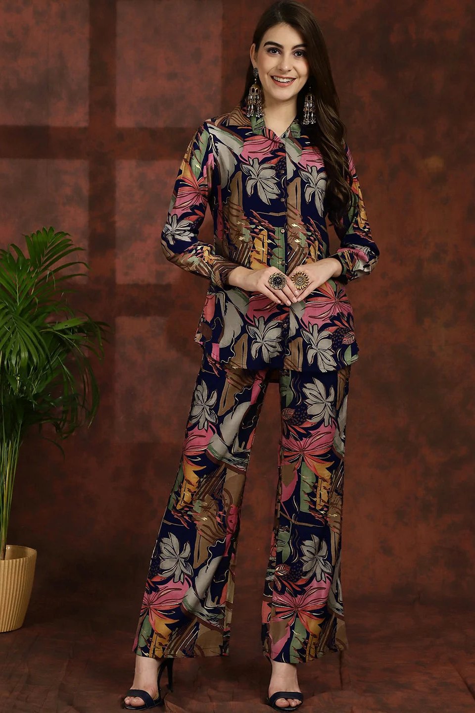 Navy Blue Floral Printed Shirt Collar Tunic with Trousers Co-Ord Set for Women