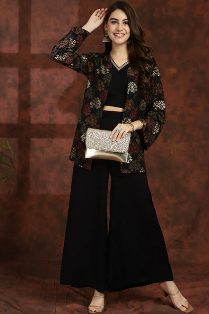Black V-Neck Ethnic Printed Co-Ord Set with Palazzo & Jacket for Women