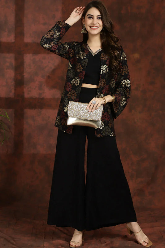 Black V-Neck Ethnic Printed Co-Ord Set with Palazzo & Jacket for Women