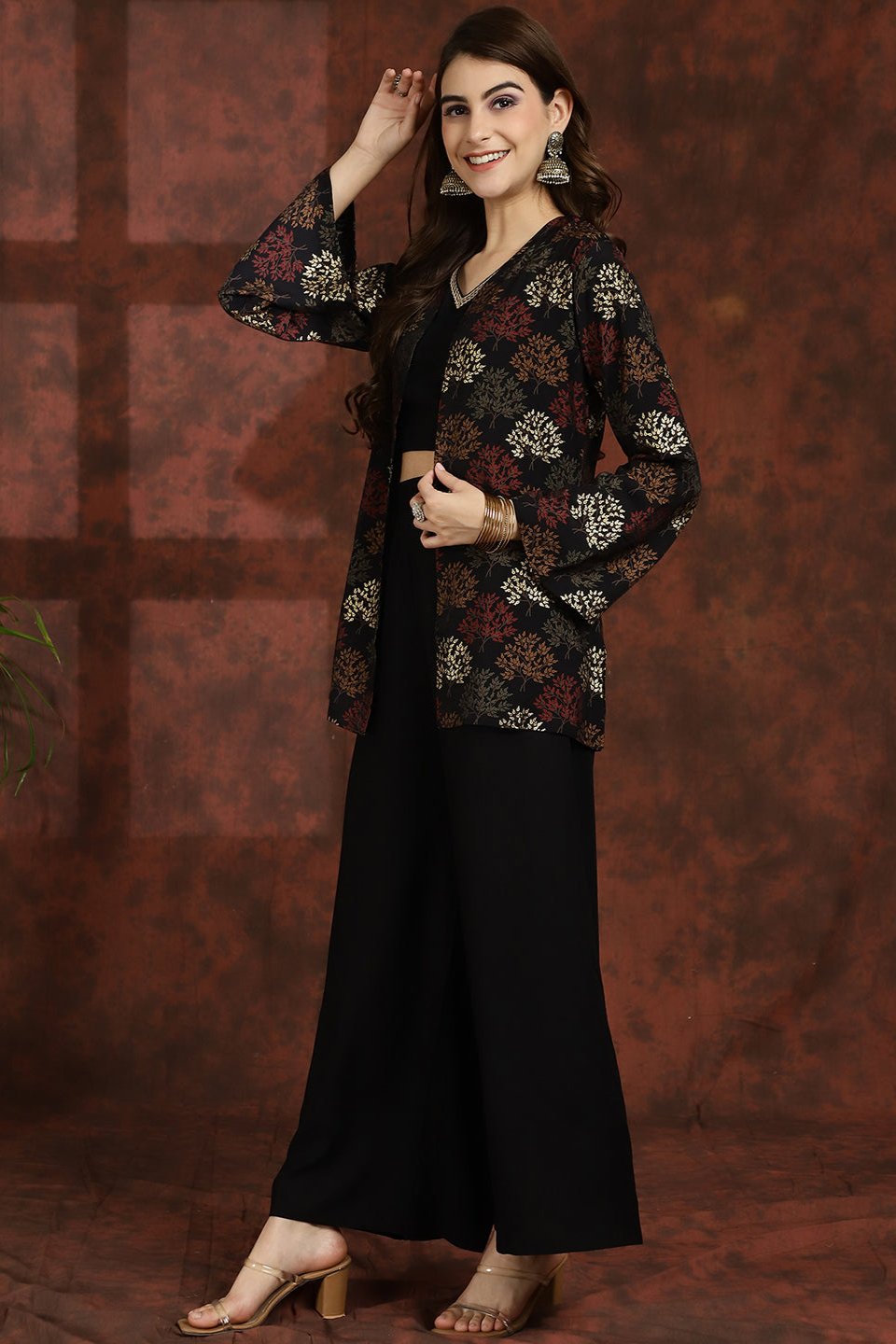 Black V-Neck Ethnic Printed Co-Ord Set with Palazzo & Jacket for Women