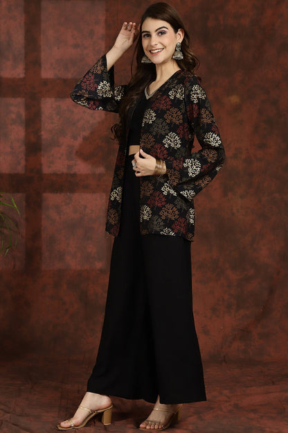 Black V-Neck Ethnic Printed Co-Ord Set with Palazzo & Jacket for Women