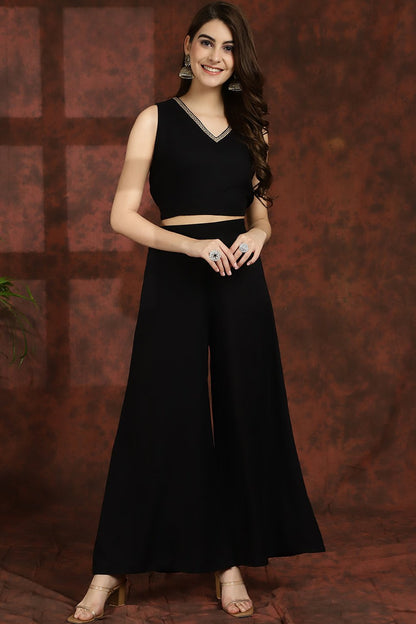 Black V-Neck Ethnic Printed Co-Ord Set with Palazzo & Jacket for Women