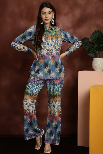 Blue Abstract Printed Premium Viscose Rayon Shirt With Trousers Co-ord Set