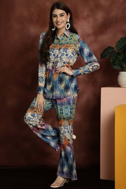 Blue Abstract Printed Premium Viscose Rayon Shirt With Trousers Co-ord Set