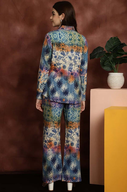 Blue Abstract Printed Premium Viscose Rayon Shirt With Trousers Co-ord Set