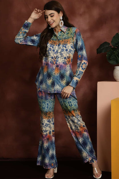 Blue Abstract Printed Premium Viscose Rayon Shirt With Trousers Co-ord Set