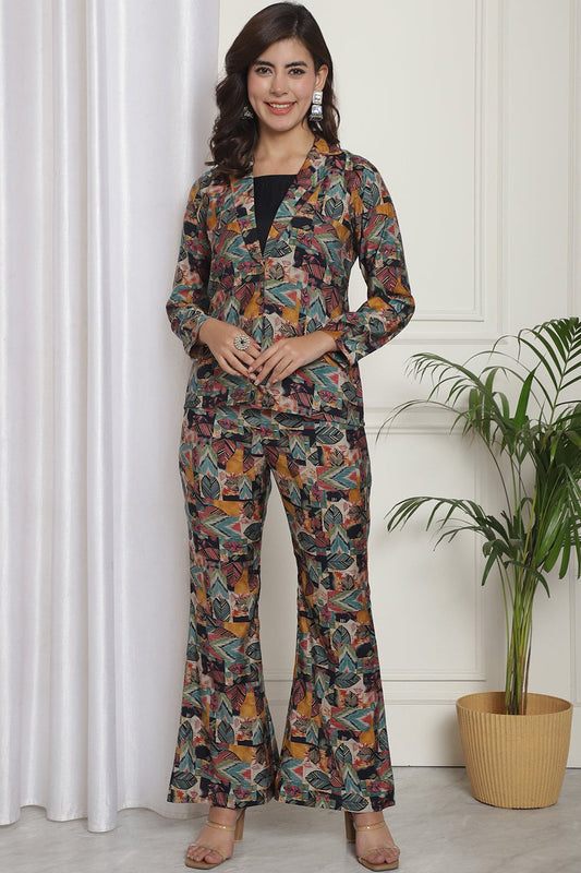 Multicolor Abstract Printed Chanderi Silk Top with Palazzo & Jacket Co-Ord Set for Women