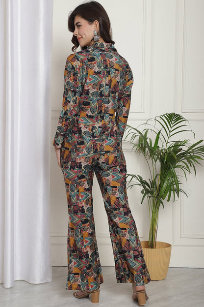 Multicolor Abstract Printed Chanderi Silk Top with Palazzo & Jacket Co-Ord Set for Women