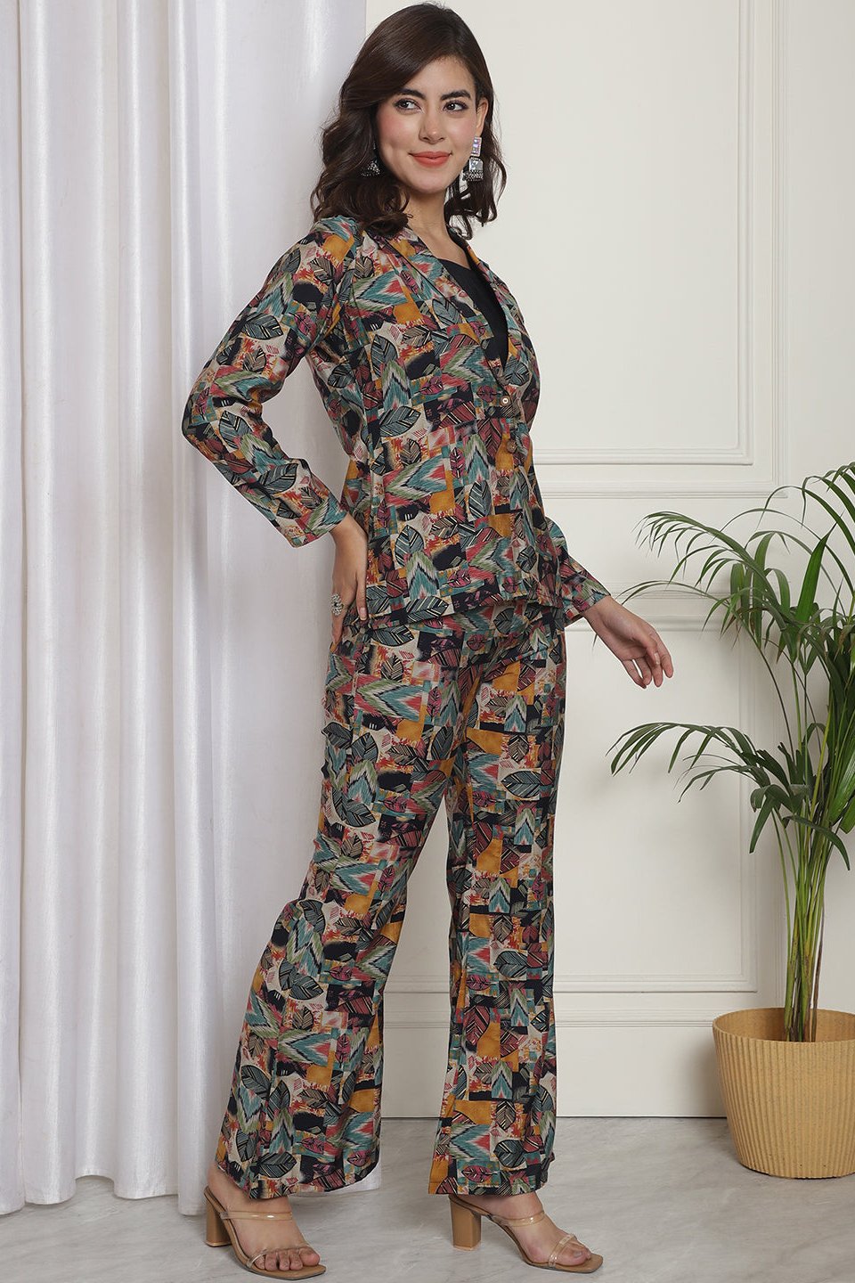 Multicolor Abstract Printed Chanderi Silk Top with Palazzo & Jacket Co-Ord Set for Women