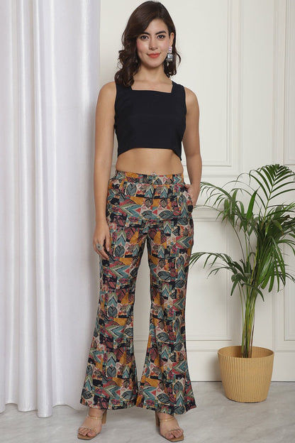 Multicolor Abstract Printed Chanderi Silk Top with Palazzo & Jacket Co-Ord Set for Women