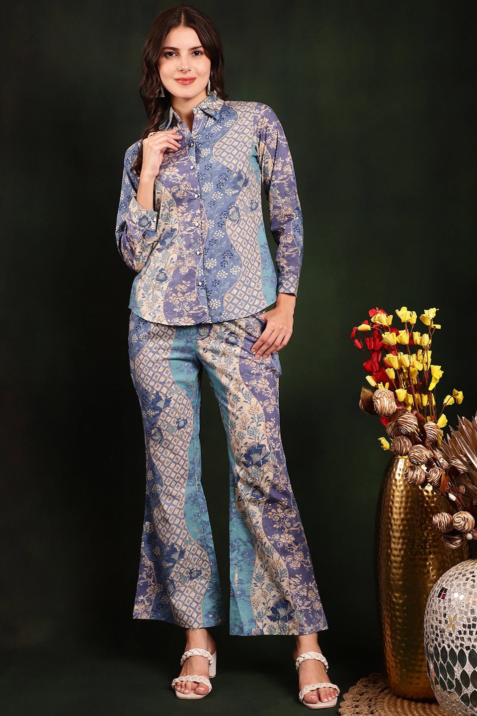 Blue Color Printed Cotton Shirt With Trousers Co-Ord Set