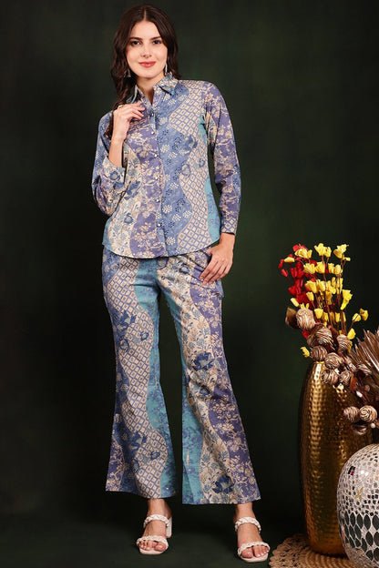 Blue Color Printed Cotton Shirt With Trousers Co-Ord Set