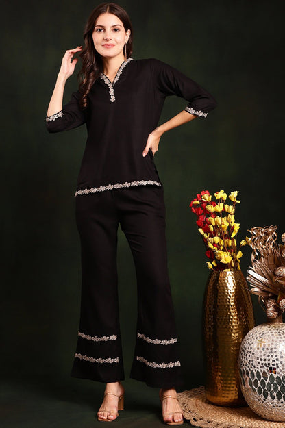Black Color Embroidered Viscose Rayon Co-ord Set