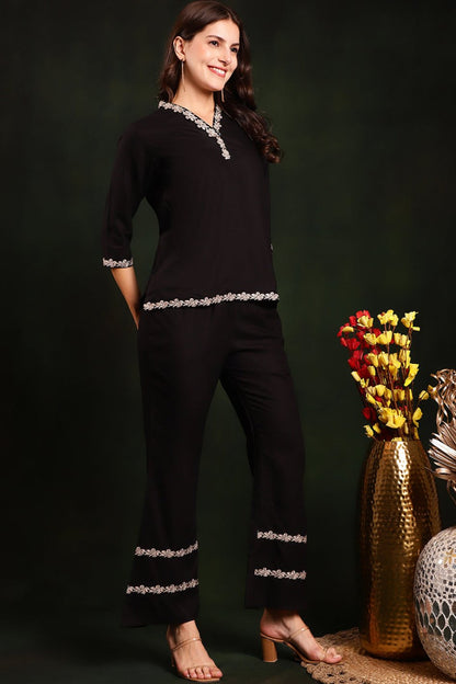 Black Color Embroidered Viscose Rayon Co-ord Set