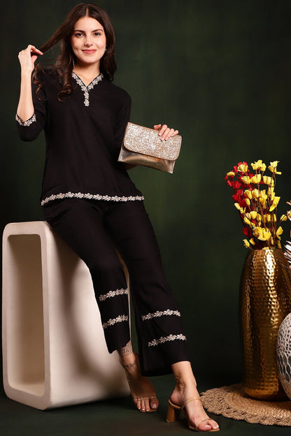 Black Color Embroidered Viscose Rayon Co-ord Set