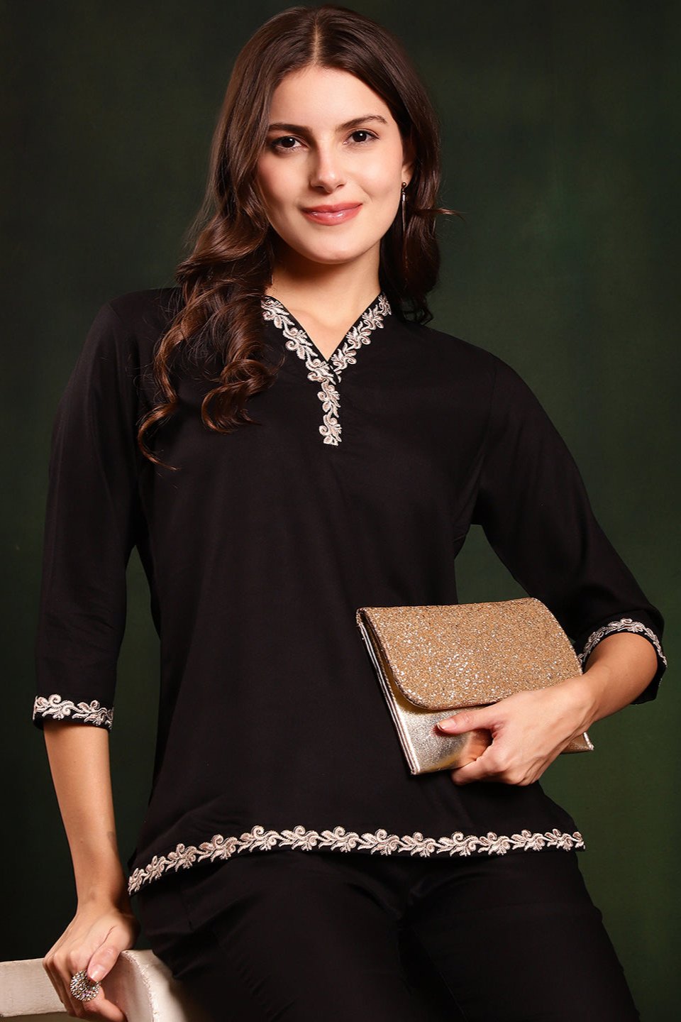 Black Color Embroidered Viscose Rayon Co-ord Set