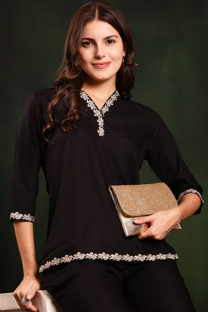 Black Color Embroidered Viscose Rayon Co-ord Set