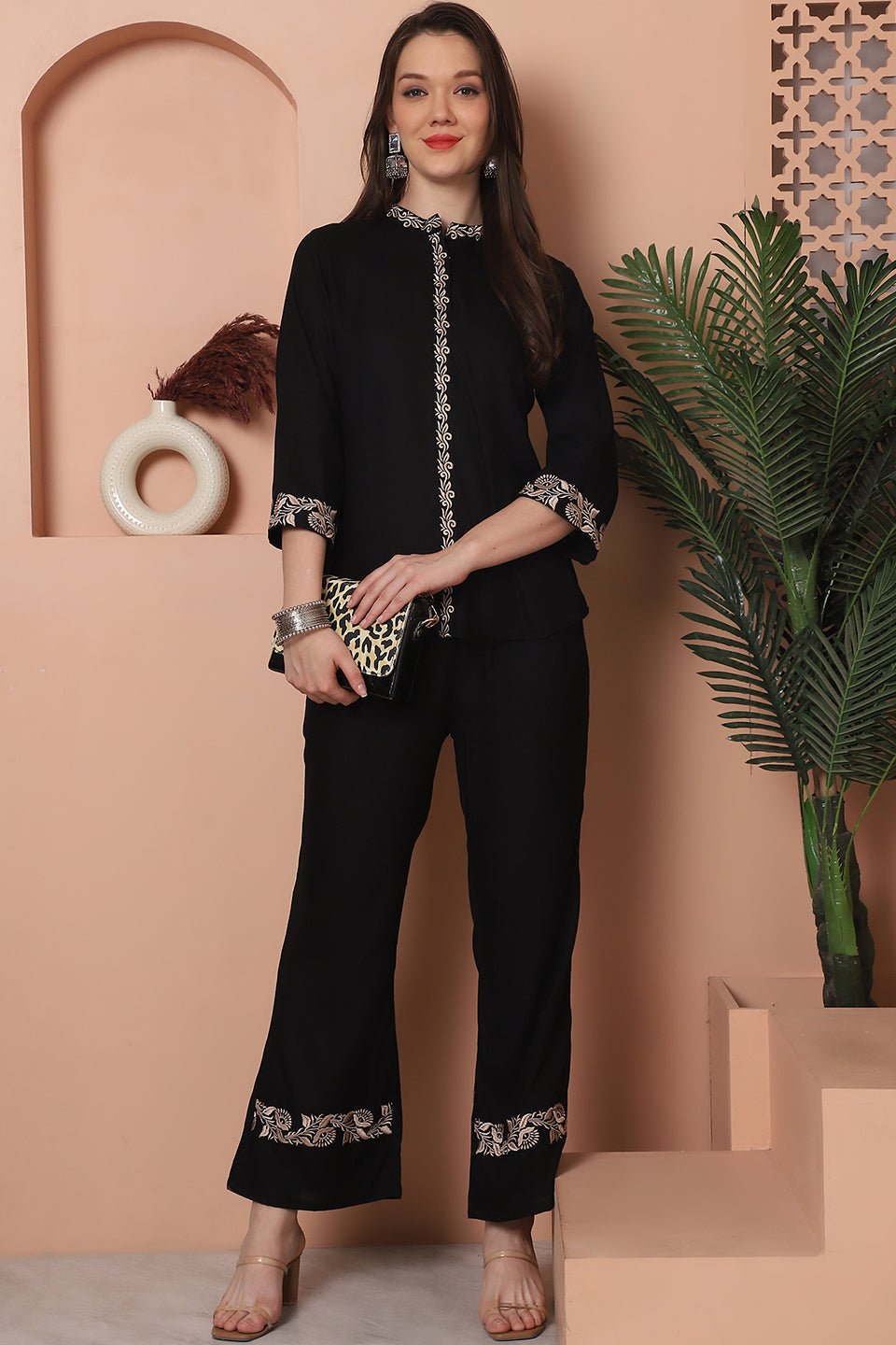 Black Floral Embroidered Viscose Rayon Co-Ord Set for Women