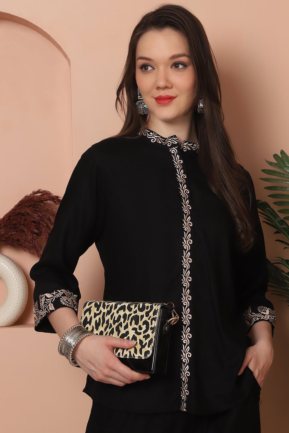 Black Floral Embroidered Viscose Rayon Co-Ord Set for Women
