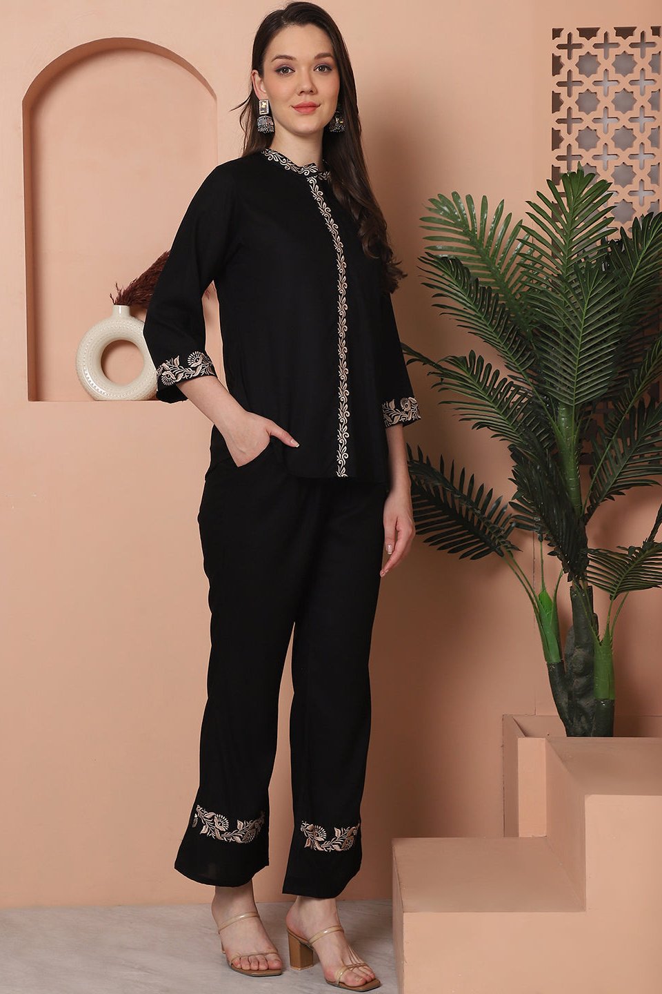 Black Floral Embroidered Viscose Rayon Co-Ord Set for Women