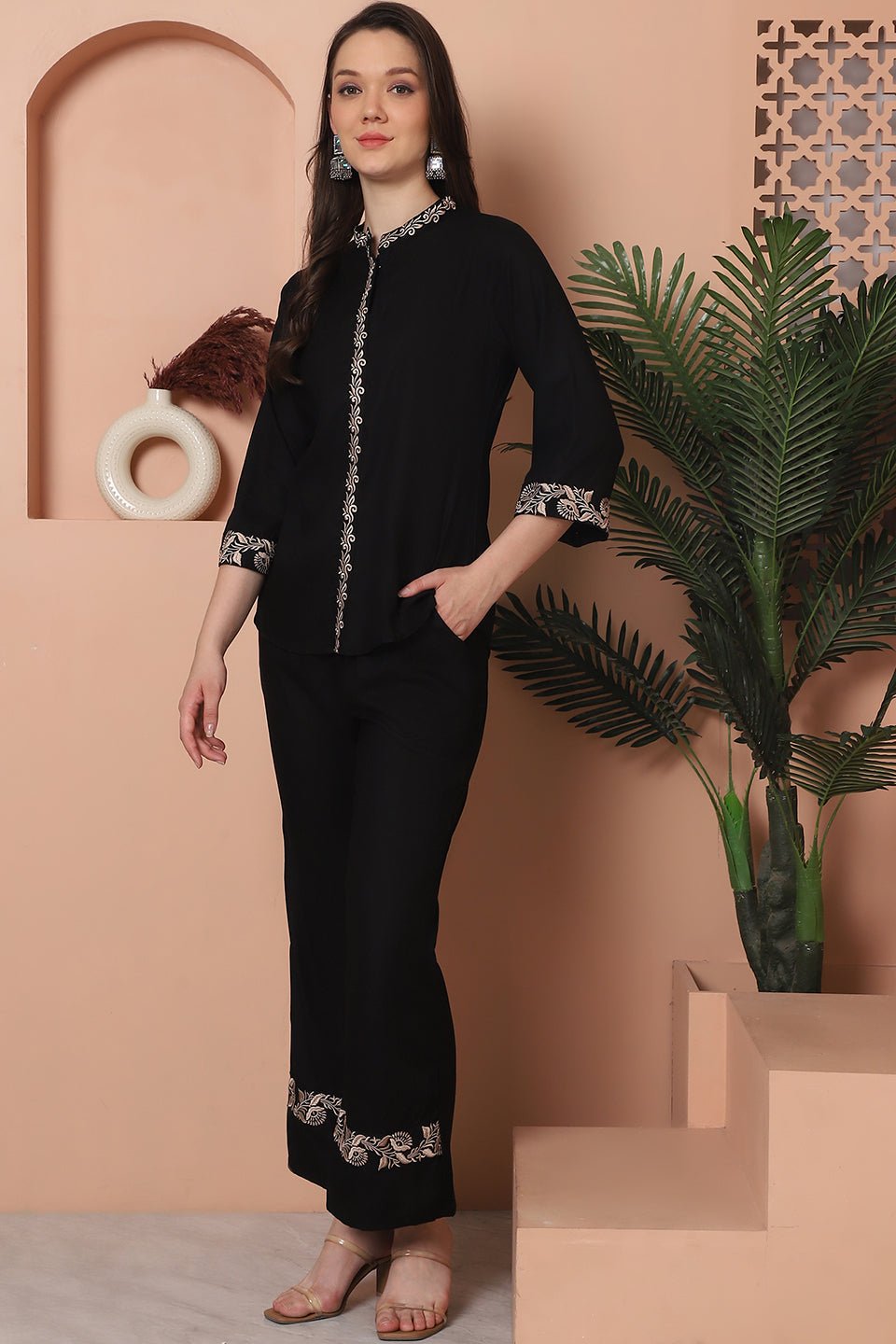 Black Floral Embroidered Viscose Rayon Co-Ord Set for Women