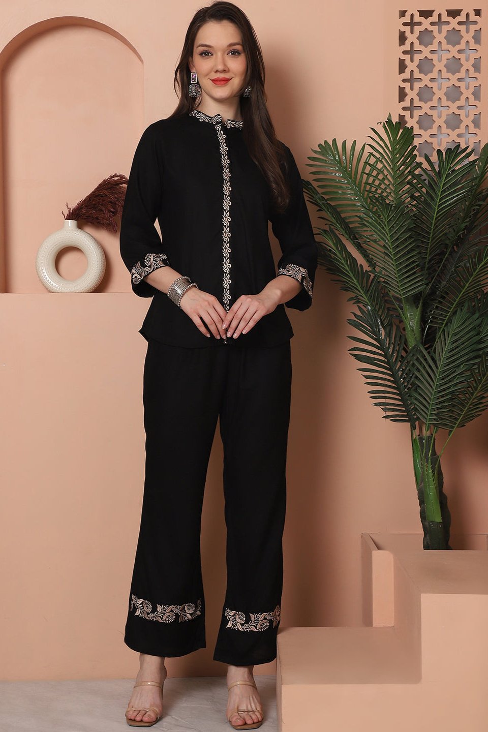 Black Floral Embroidered Viscose Rayon Co-Ord Set for Women